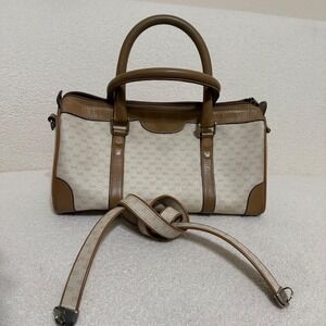 Vintage Gucci Monogram Micro gg Boston Bag Beige Brown Leather Trim Satchel